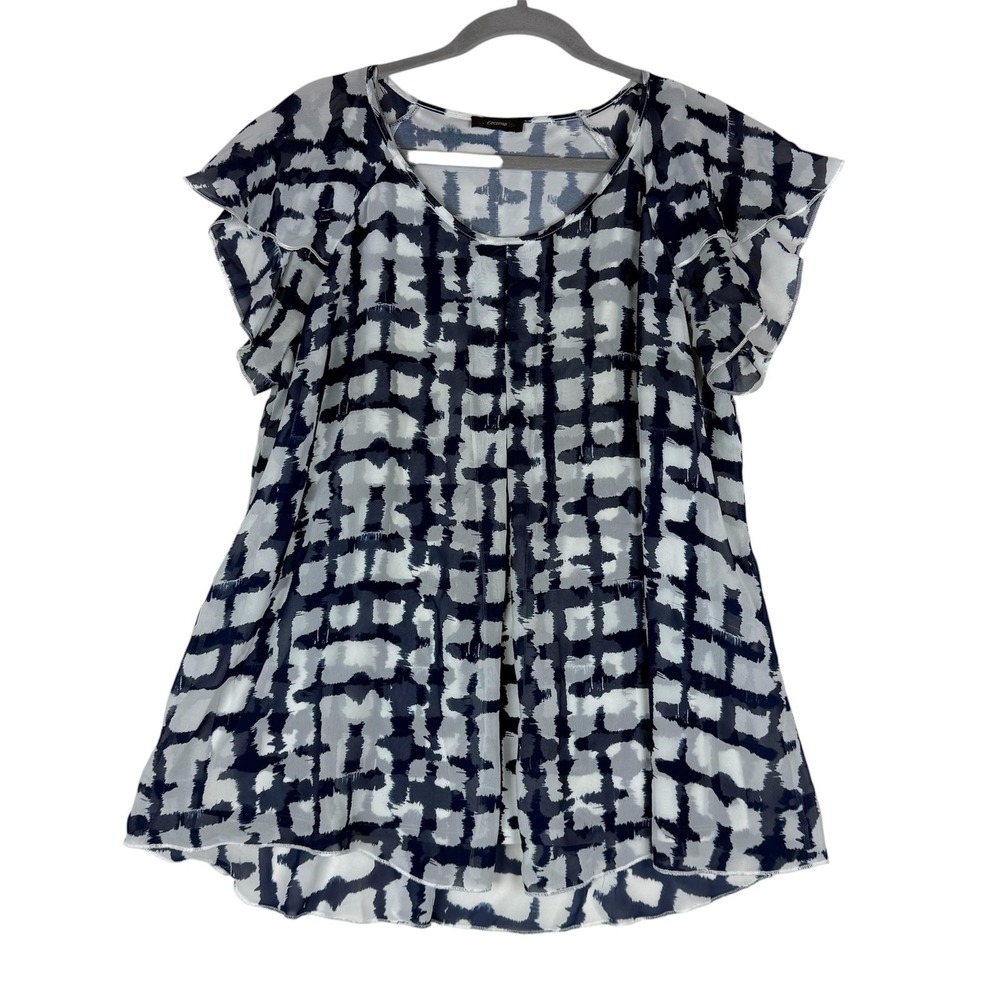 Cocomo Blouse Womens XL Blue White Geometric Scoop Neck Flutter Sleeve Tunic